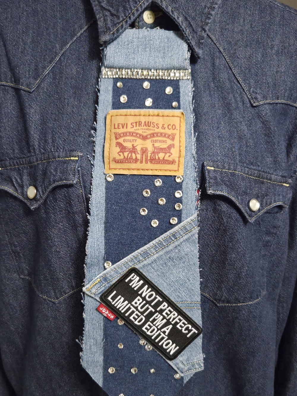 Upcycled Two-Tone Blue Denim Necktie with Stud Accents